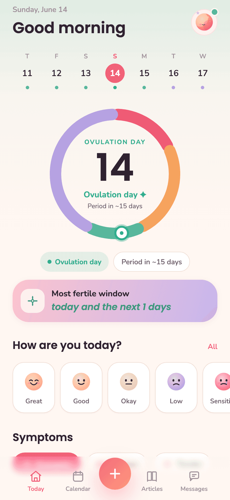 Ovelivia Today screen — cycle phase ring and ovulation day