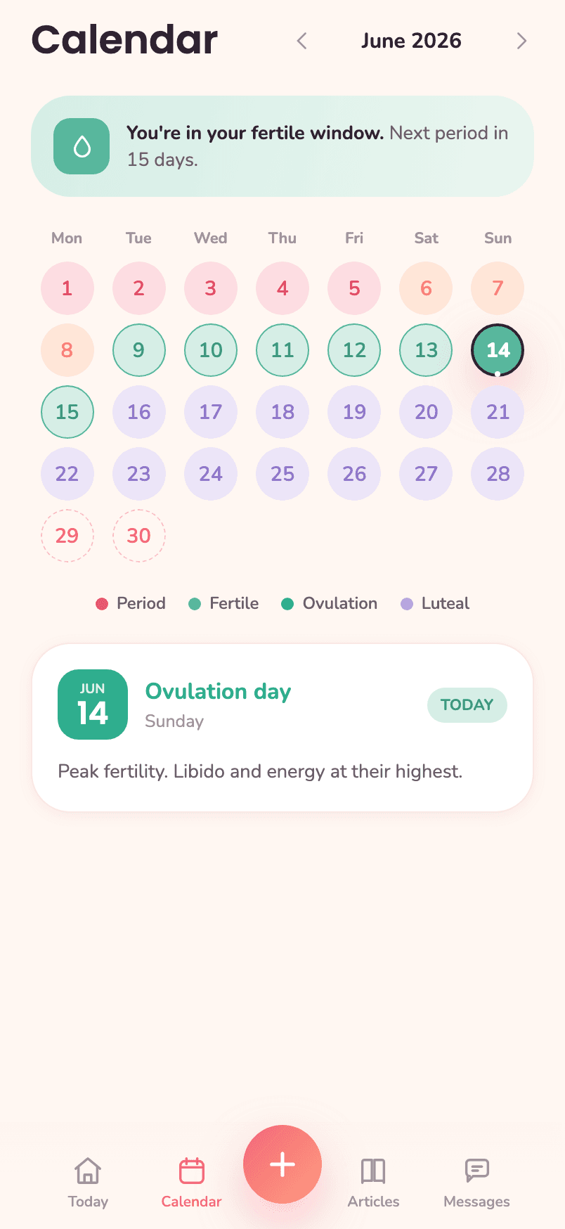 Ovelivia Calendar screen — phase colors and ovulation emphasis