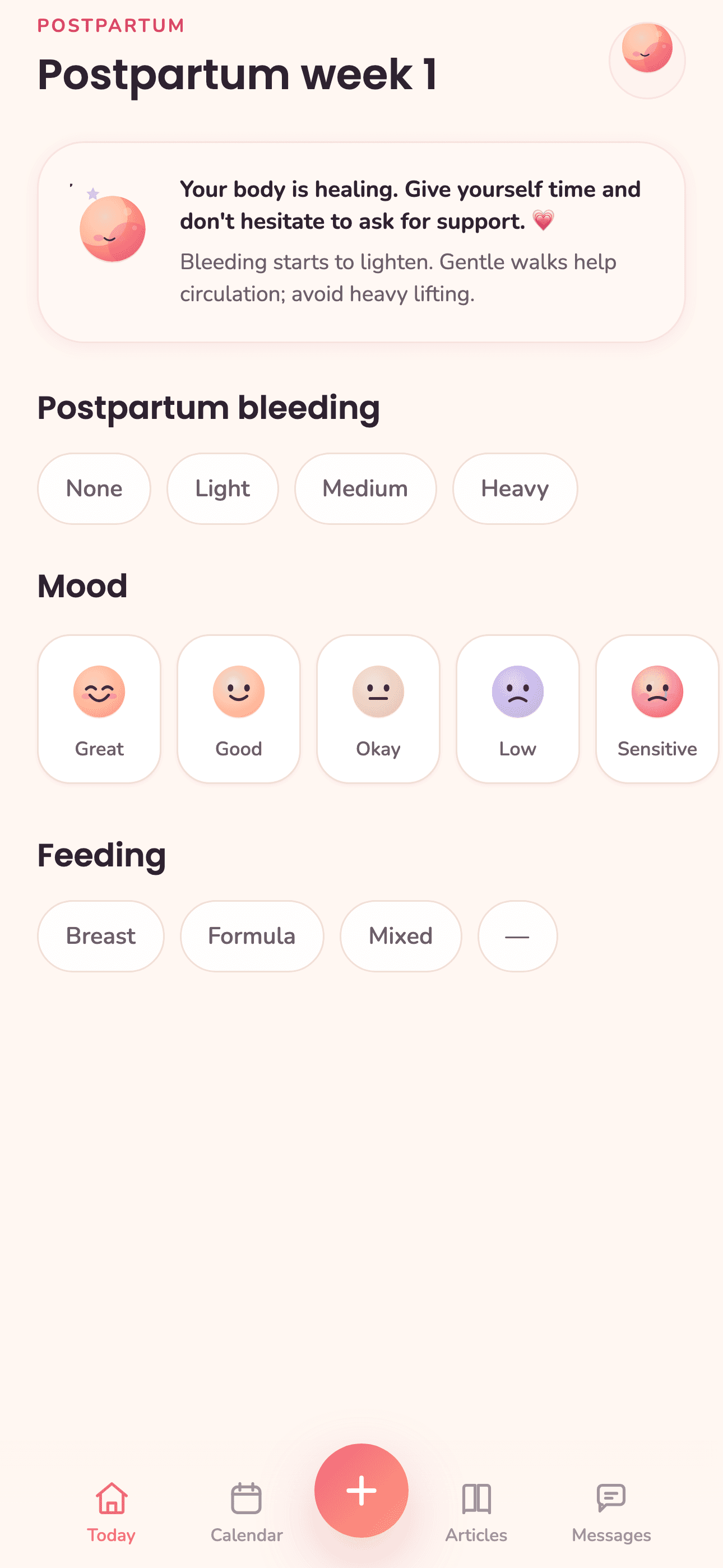 Ovelivia postpartum screen — recovery guidance and logging