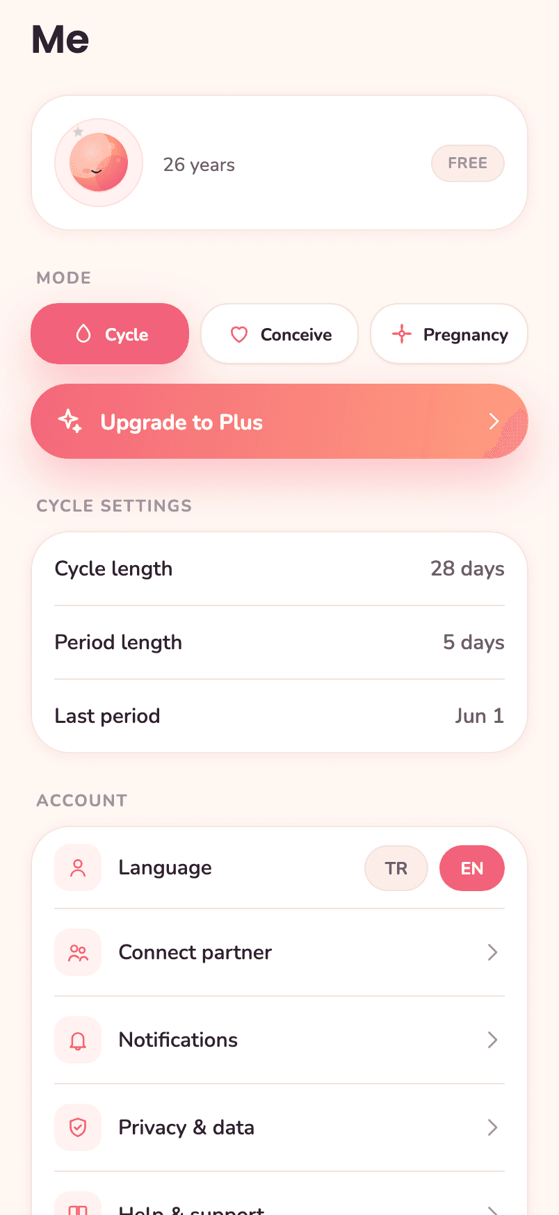 Ovelivia profile screen — mode selection and cycle settings